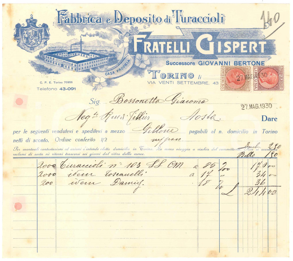 1930 TORINO Via XX Settembre 43 Fratelli GISPERT Fabbrica turaccioli Fattura (1)
