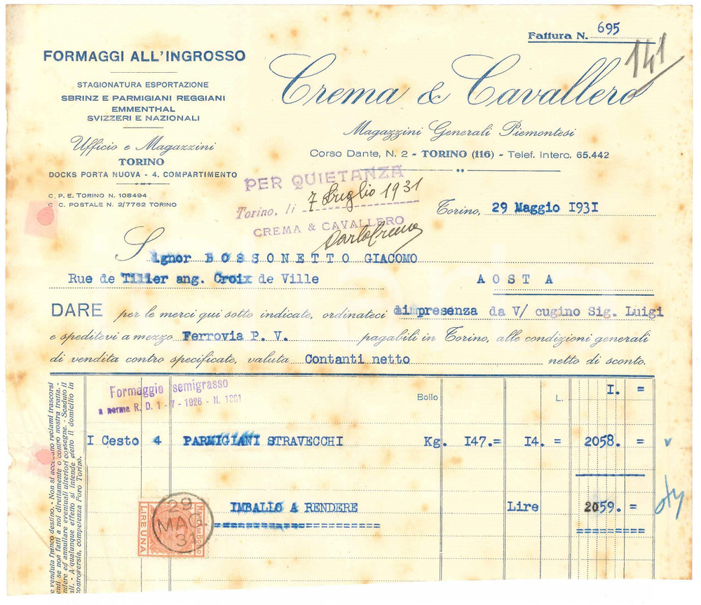 1931 TORINO Corso Dante 2 - CREMA & CAVALLERO Formaggi all'ingrosso *Fattura 3 Fattura commerciale d'epoca dattiloscritta, su carta intestata.Presente marca da bollo.   VERY POOR/gravemente danneggiato piegature d'epoca, fori da classificatore, bruniture diffuse, piegature al margine sinistro, parte inferiore mancante. FORMATO: 23x19 cm originale e autentica 1