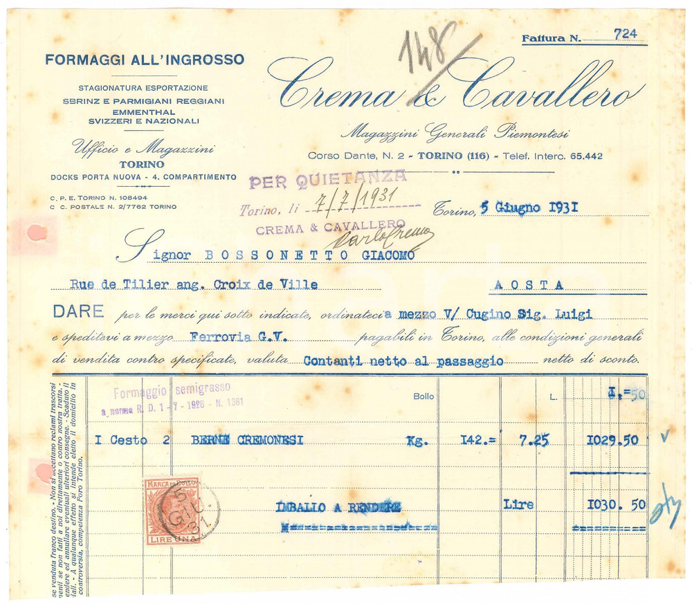 1931 TORINO Corso Dante 2 - CREMA & CAVALLERO Formaggi all'ingrosso *Fattura 4 Fattura commerciale d'epoca dattiloscritta, su carta intestata.Presente marca da bollo.   VERY POOR/gravemente danneggiato piegature d'epoca, fori da classificatore, bruniture diffuse, parte inferiore mancante. FORMATO: 23x19 cm originale e autentica 1