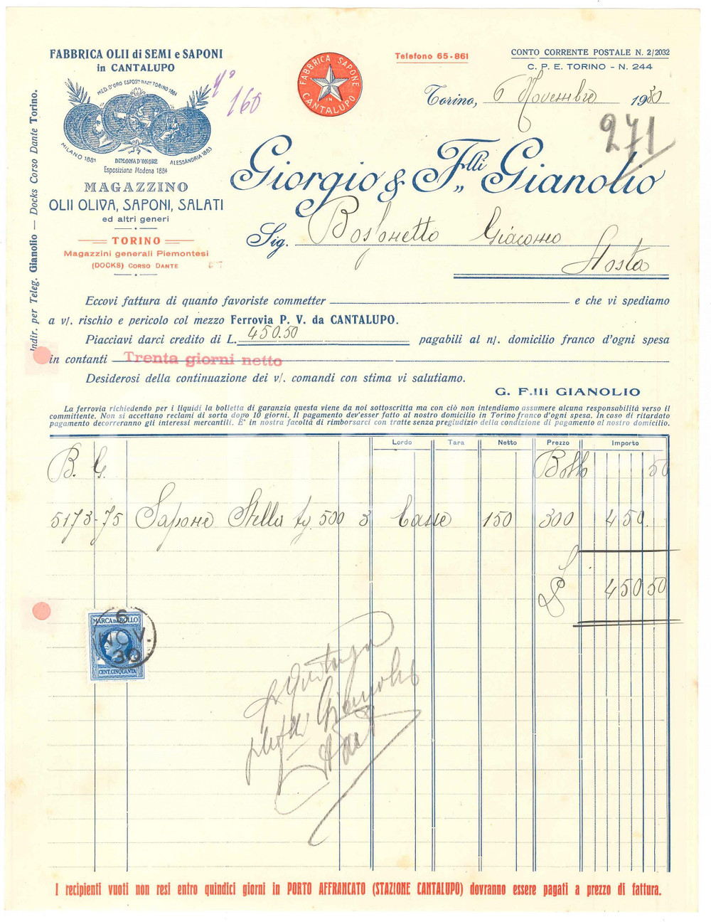 1930 TORINO Corso Dante - Giorgio & Fratelli GIANOLIO Olii e saponi *Fattura (3)