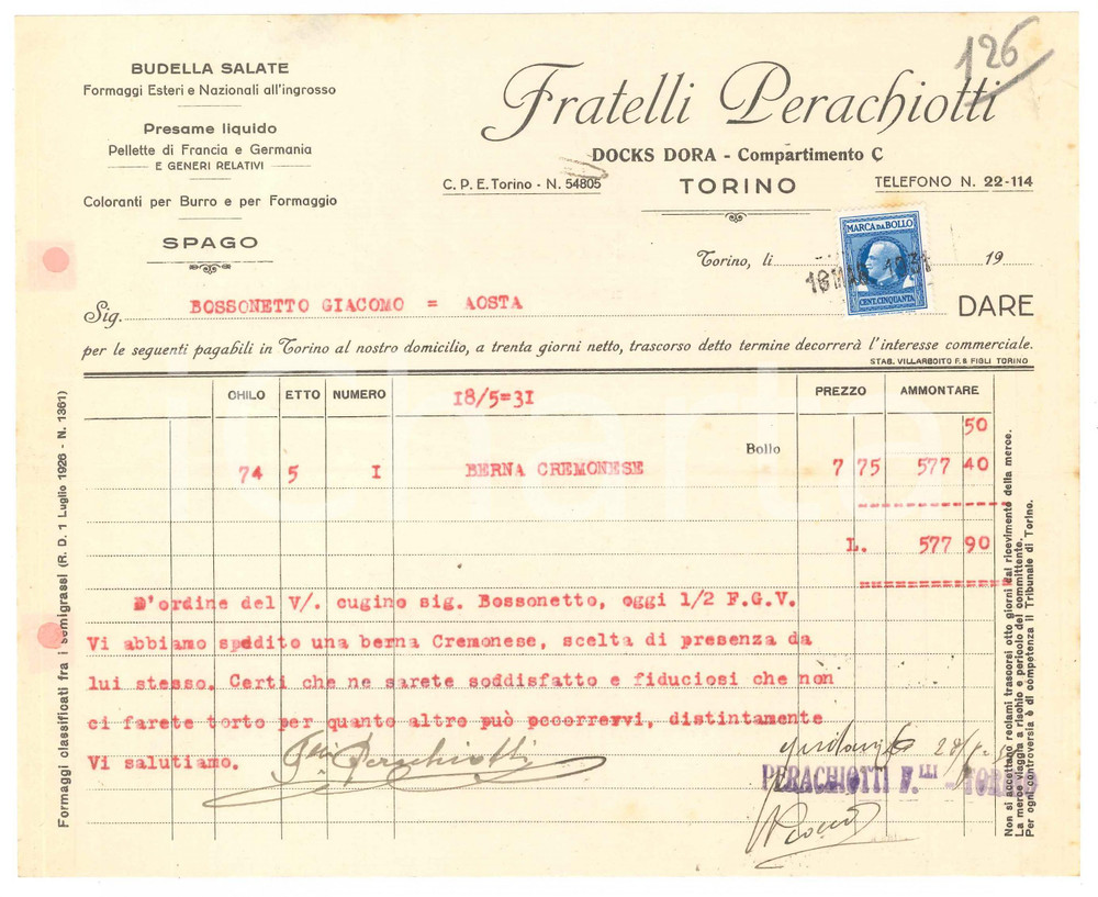 1931 TORINO Docks Dora - Fratelli PERACHIOTTI Budella salate - Fattura