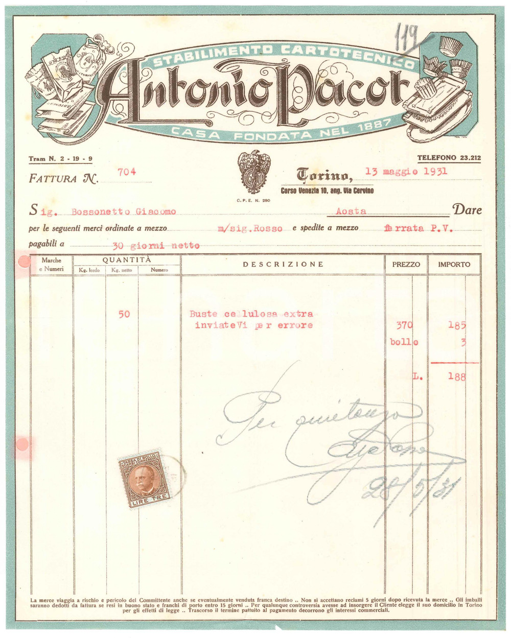 Documento originale, autentico 1931 TORINO C.so Venezia 10 Antonio PACOT Stabilimento cartotecnico Fattura 4 1