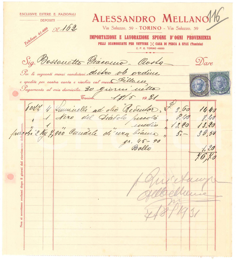 1931 TORINO Via Saluzzo 59 - Alessandro MELLANO Lavorazione spugne ^Fattura Fattura commerciale d'epoca manoscritta, su carta intestata.Presenti marche da bollo.PAGINE: 1   FAIR/discreto piegature d'epoca; fori da classificatore FORMATO: 22x24 cm originale e autentica 1