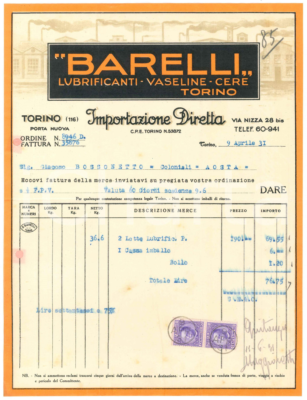 Documento originale, autentico 1931 TORINO Via Nizza 28 bis  BARELLI Lubrificanti Vaseline Cere  Fattura 3 1