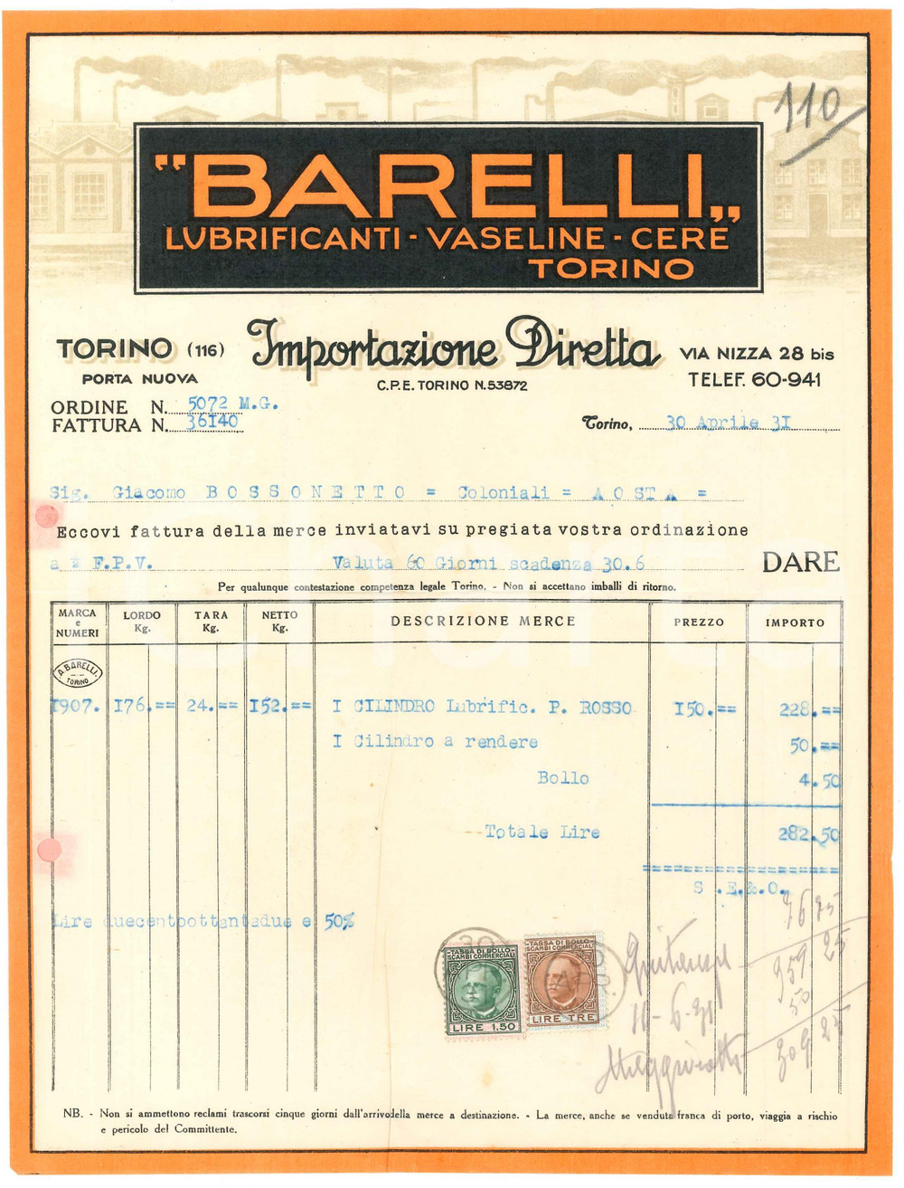Documento originale, autentico 1931 TORINO Via Nizza 28 bis  BARELLI Lubrificanti Vaseline Cere  Fattura 4 1