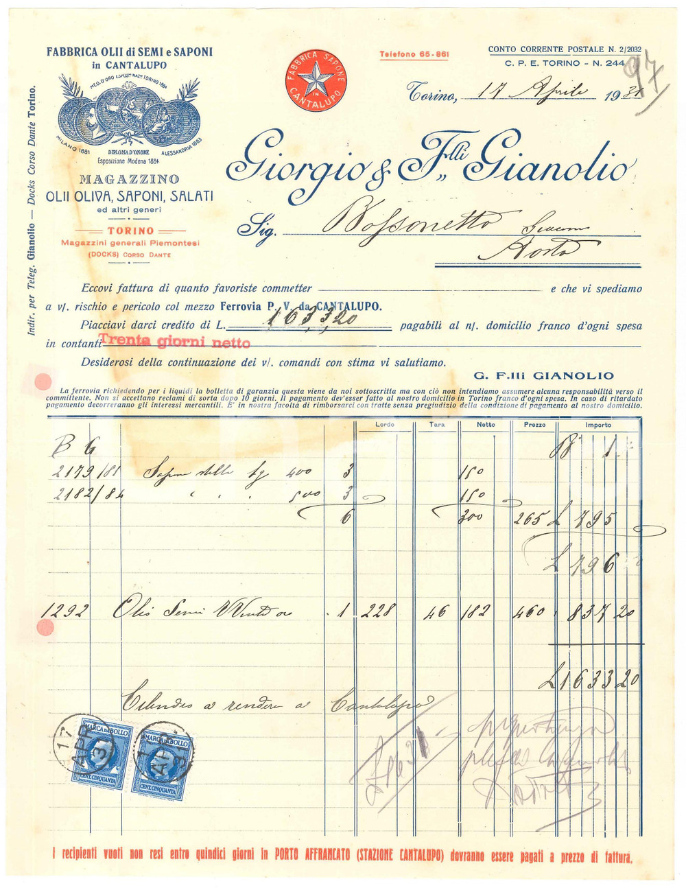 1931 TORINO Corso Dante - Giorgio & Fratelli GIANOLIO Olii e saponi *Fattura (4)