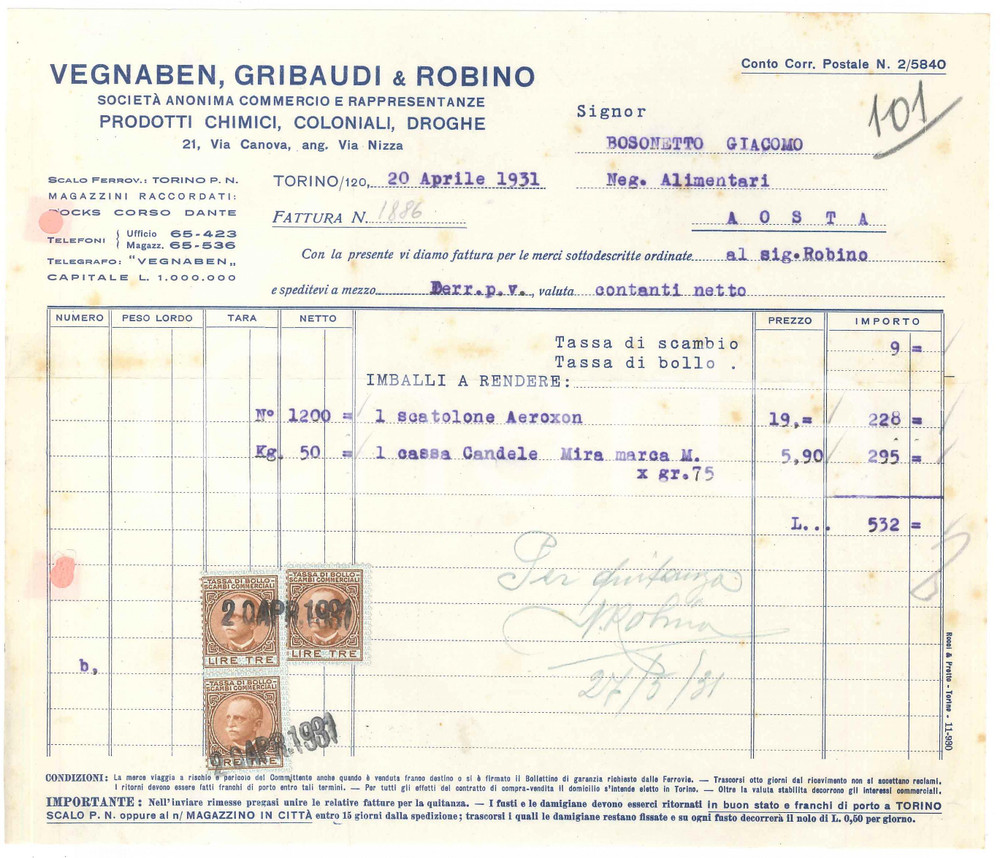 1931 TORINO Via Canova 21 VEGNABEN, GRIBAUDI & ROBINO Prodotti chimici *Fattura