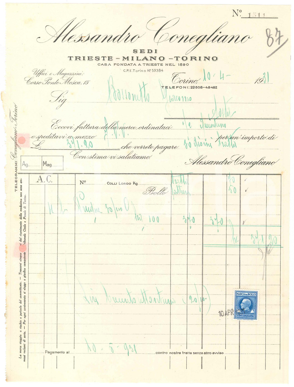 Documento originale, autentico 1931 TORINO Corso Ponte Mosca 15 Alessandro CONEGLIANO  Fattura per prugne 4 1