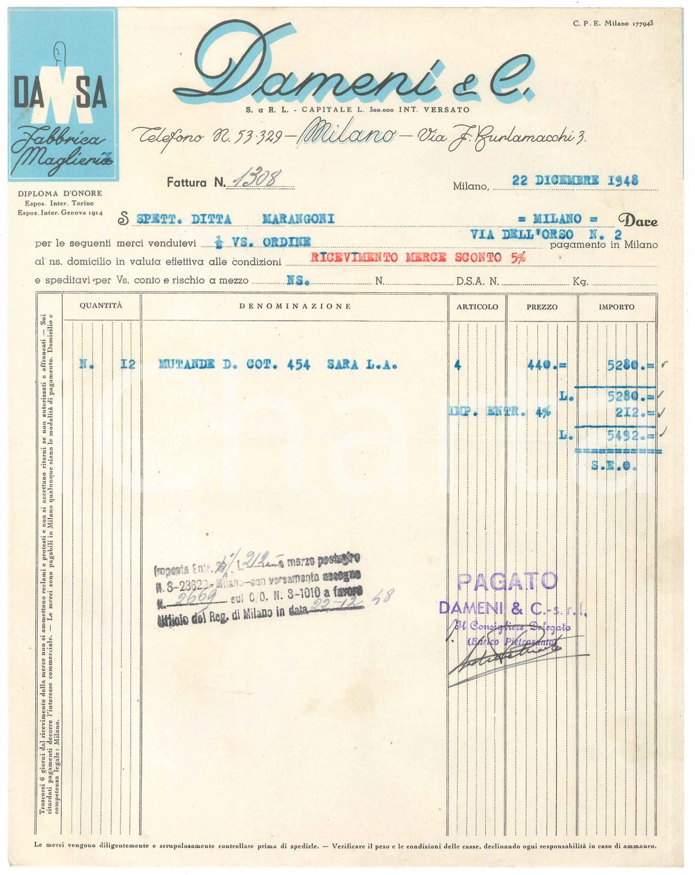Documento originale, autentico 1948 MILANO Via F. Burlamacchi 3  DAMENI & C. Biancheria intima  Fattura 1 1