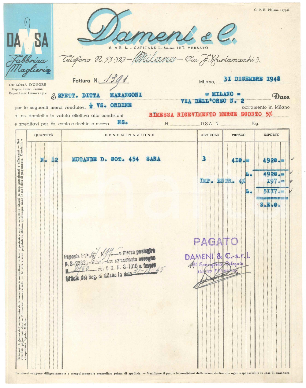 Documento originale, autentico 1948 MILANO Via F. Burlamacchi 3  DAMENI & C. Biancheria intima  Fattura 2 1