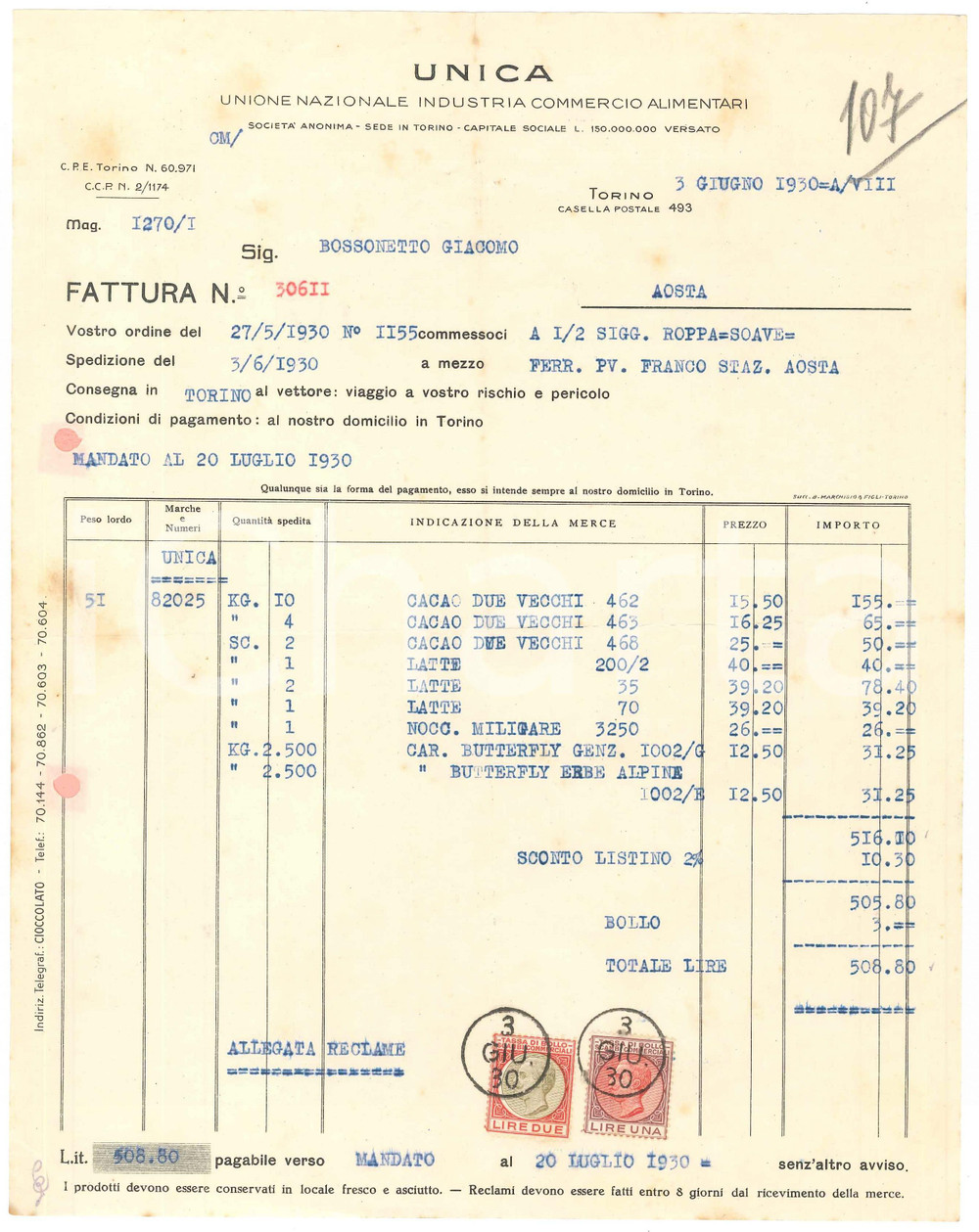 1930 TORINO - UNICA Unione Nazionale Industria Commercio Alimentari - Fattura