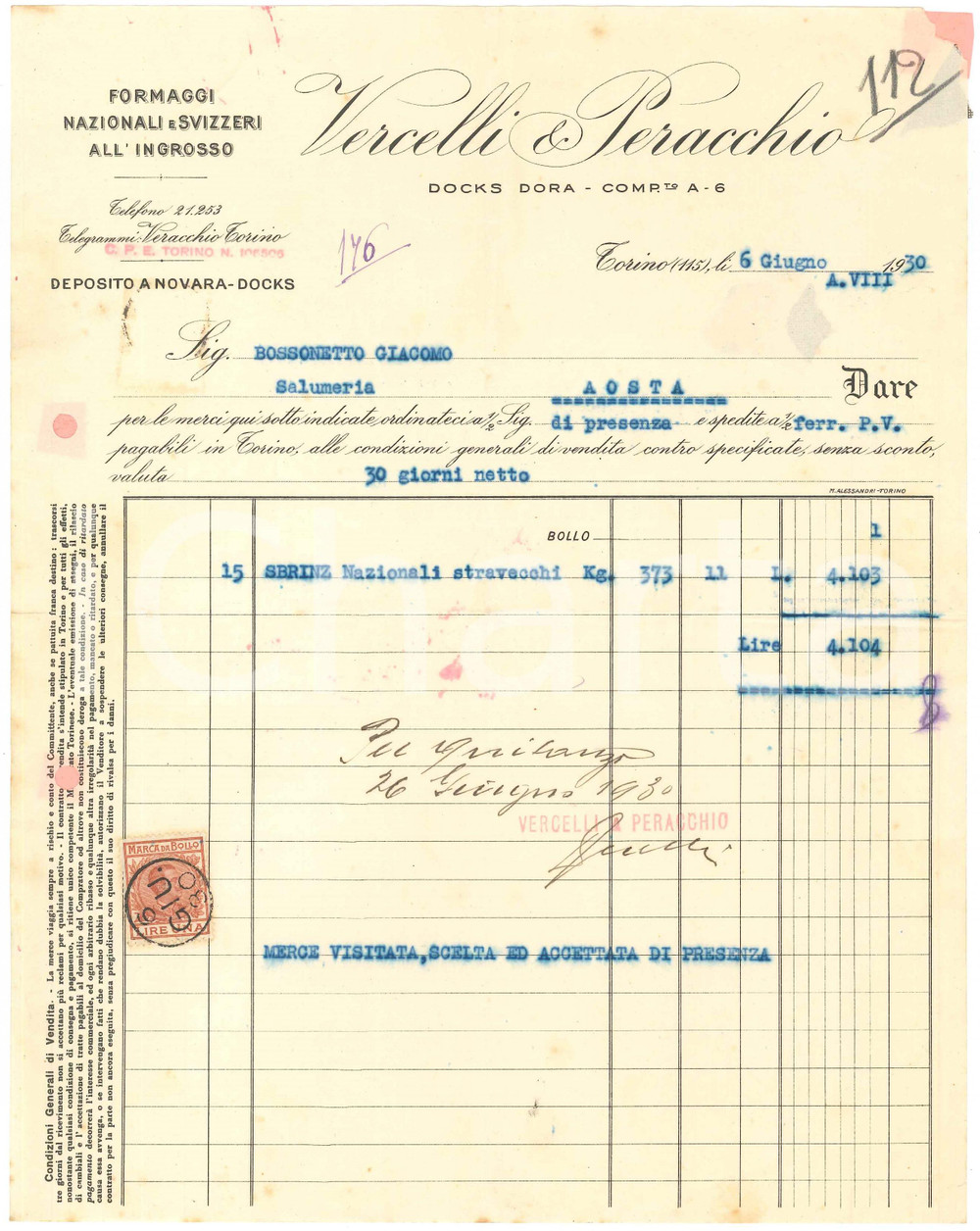 1930 TORINO Docks Dora - VERCELLI & PERACCHIO Formaggi all'ingrosso - Fattura