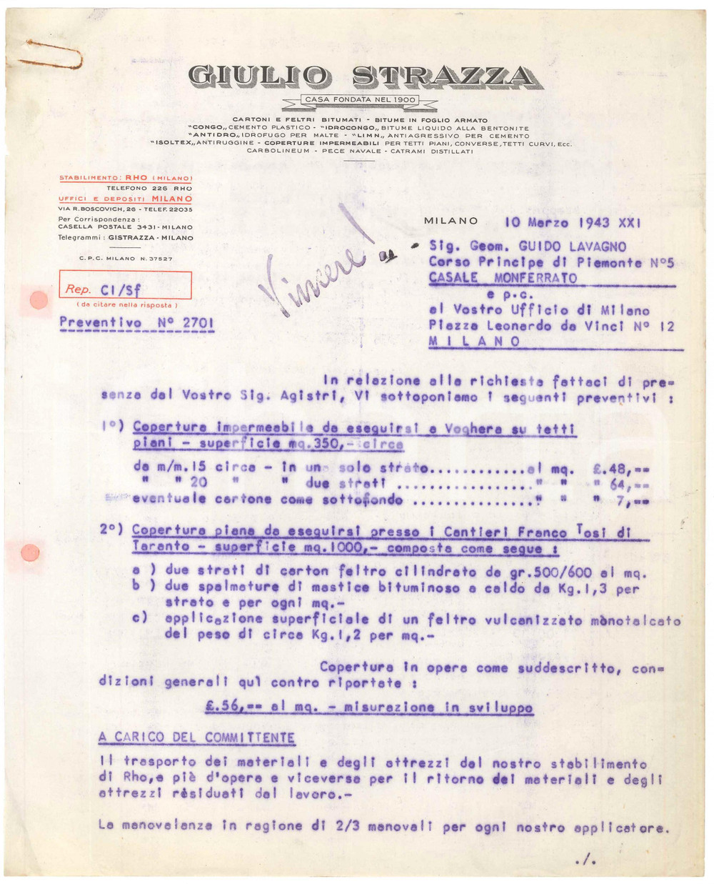 Documento originale, autentico 1943 MILANO Via R. Boscovich  Giulio STRAZZA Coperture impermeabili Preventivo 1