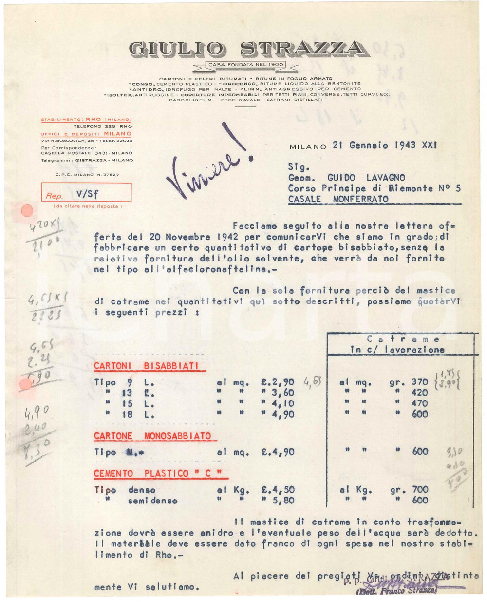 Documento originale, autentico 1943 MILANO Via R. Boscovich  Giulio STRAZZA Cartoni e feltri bitumati Lettera 1