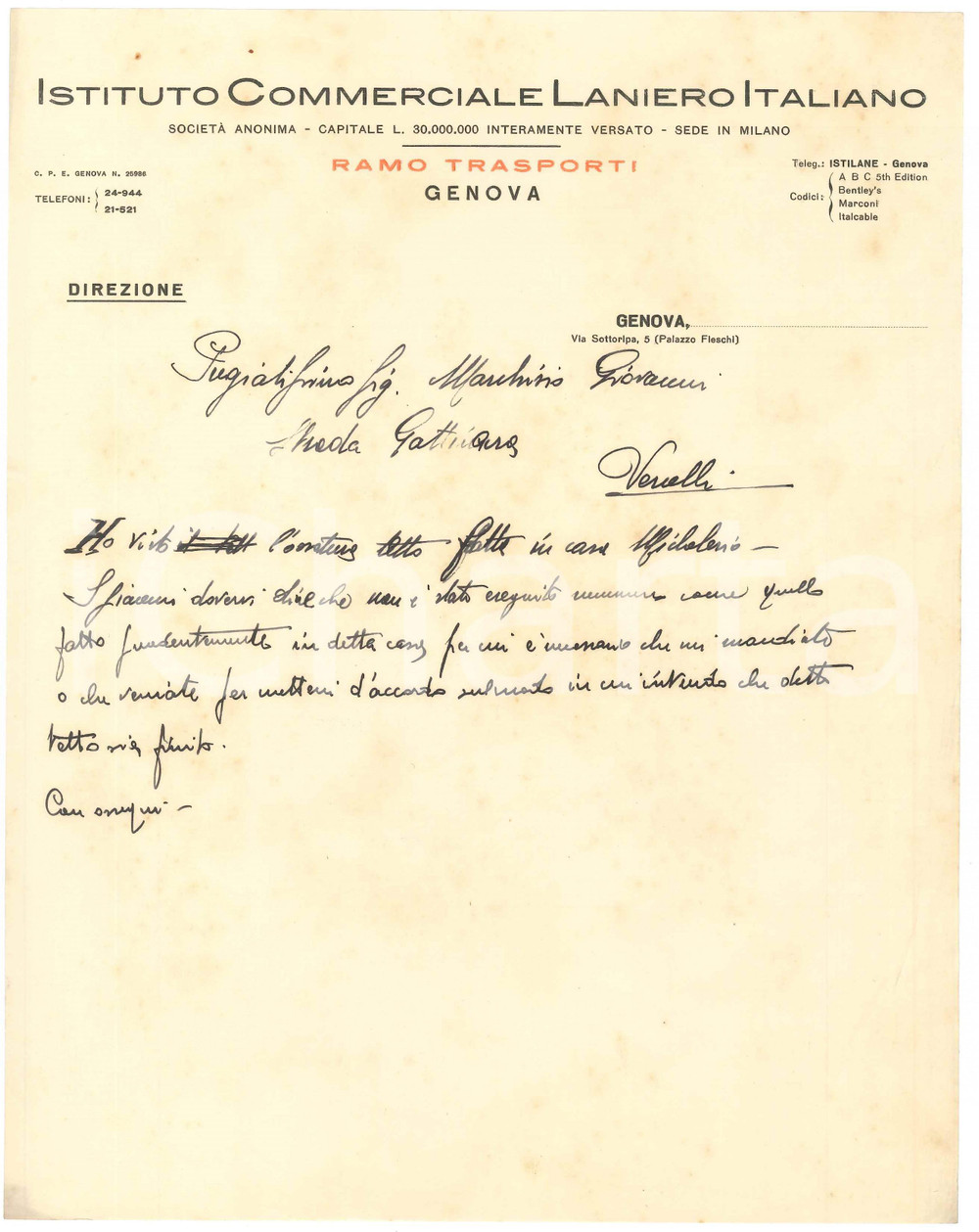 Documento originale, autentico 1935 ca GENOVA Palazzo Fieschi  Istituto Commerciale Laniero Italiano Lettera 1