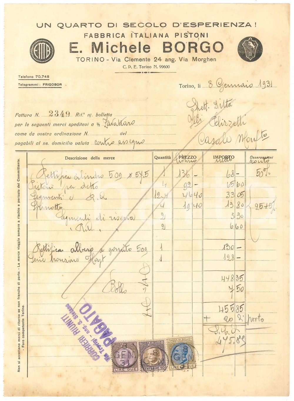 Documento originale, autentico 1931 TORINO Via Clemente 24 E. Michele BORGO Fabbrica italiana pistoni  Fattura 1