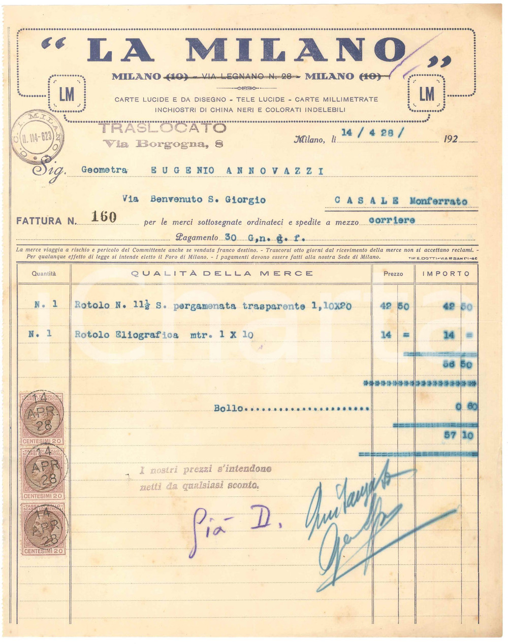 1928 MILANO Via Legnano 28 - LA MILANO Carte lucide e da disegno - Fattura
