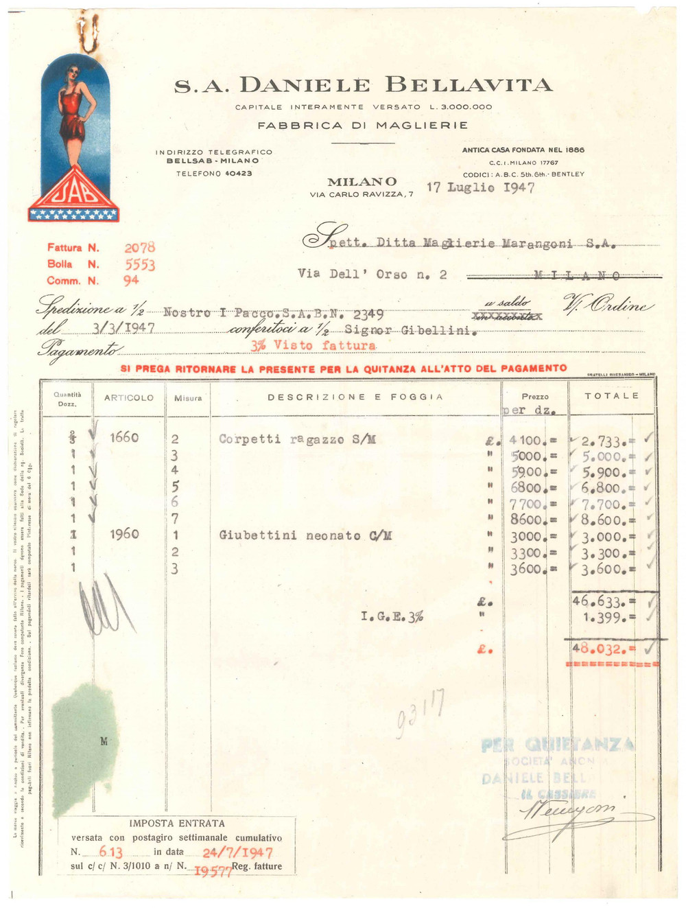 Documento originale, autentico 1947 MILANO Via Carlo Ravizza 7  S.A. Daniele BELLAVITA Maglierie  Fattura 5 1