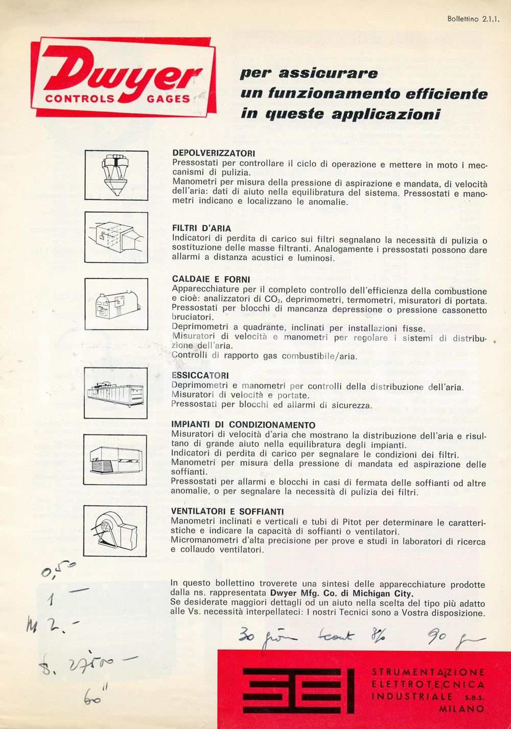 Materiale pubblicitario d’epoca 1960 ca MILANO  SEI Dwyer Controls Gages  Listino ILLUSTRATO 21x30 cm 1
