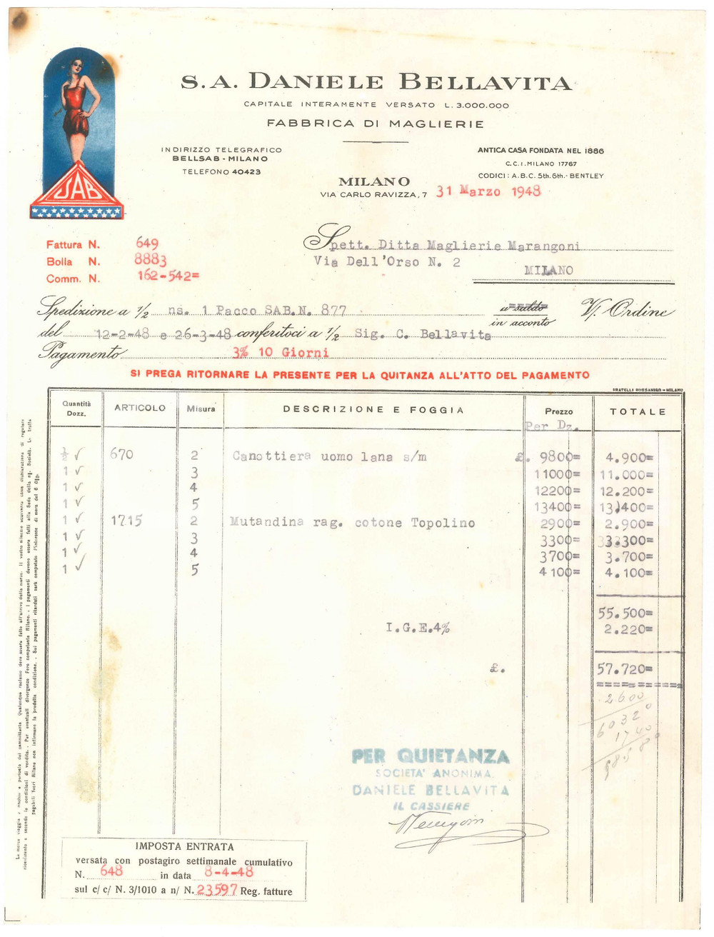 Documento originale, autentico 1948 MILANO Via Carlo Ravizza 7  S.A. Daniele BELLAVITA Maglierie  Fattura 1