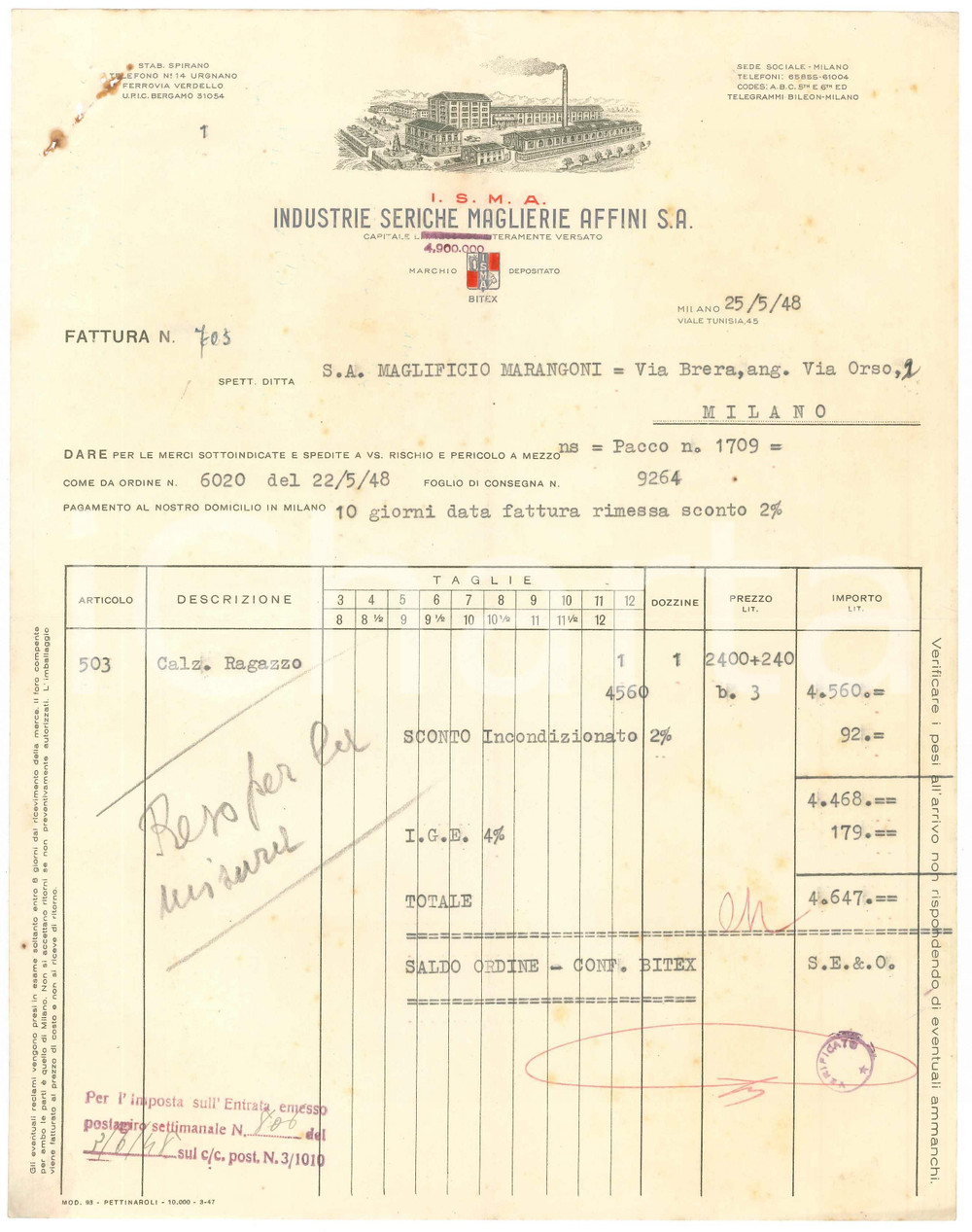 1948 MILANO Viale Tunisia 45 - ISMA Industrie Seriche Maglierie Affini - Fattura