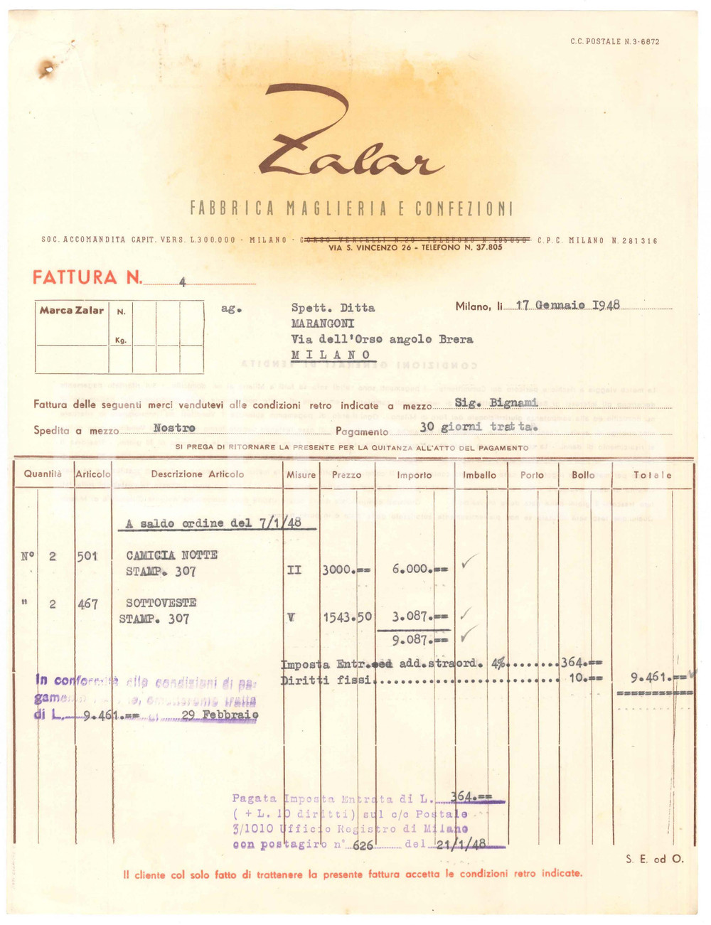 1948 MILANO Via S. Vincenzo 26 - ZALAR Fabbrica Maglieria e Confezioni - Fattura