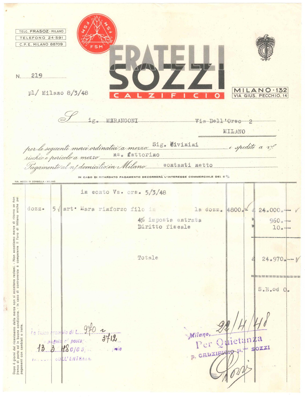 Documento originale, autentico 1948 MILANO Via G. Pecchio 14  FSM Fratelli SOZZI Calzificio  Fattura 1