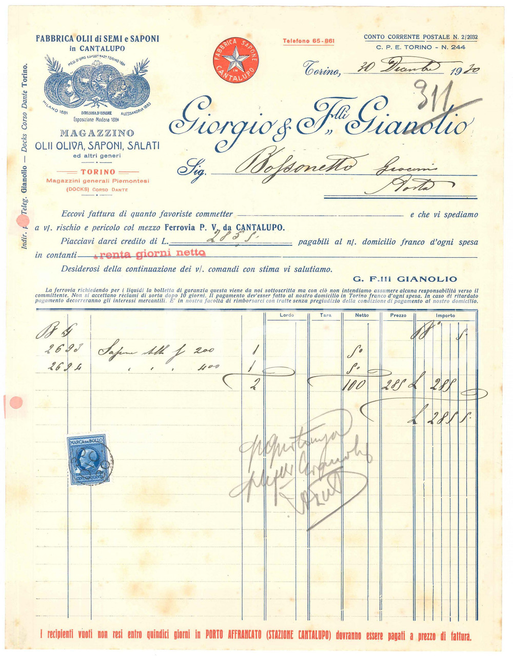1930 TORINO Corso Dante - Giorgio & Fratelli GIANOLIO Olii e saponi *Fattura (4)