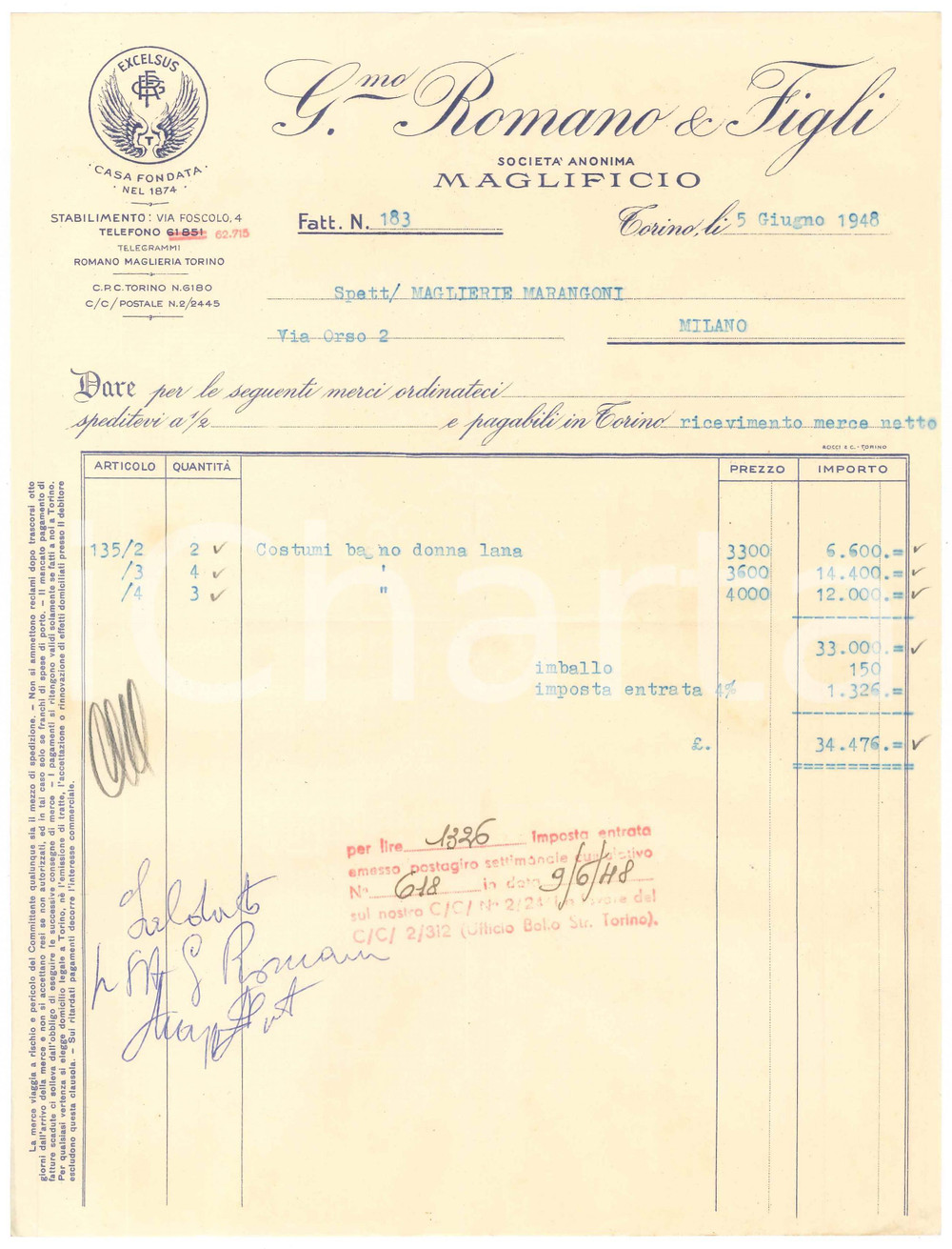Documento originale, autentico 1948 TORINO Via Foscolo 4  Giacomo ROMANO & Figli Maglificio  Fattura 1