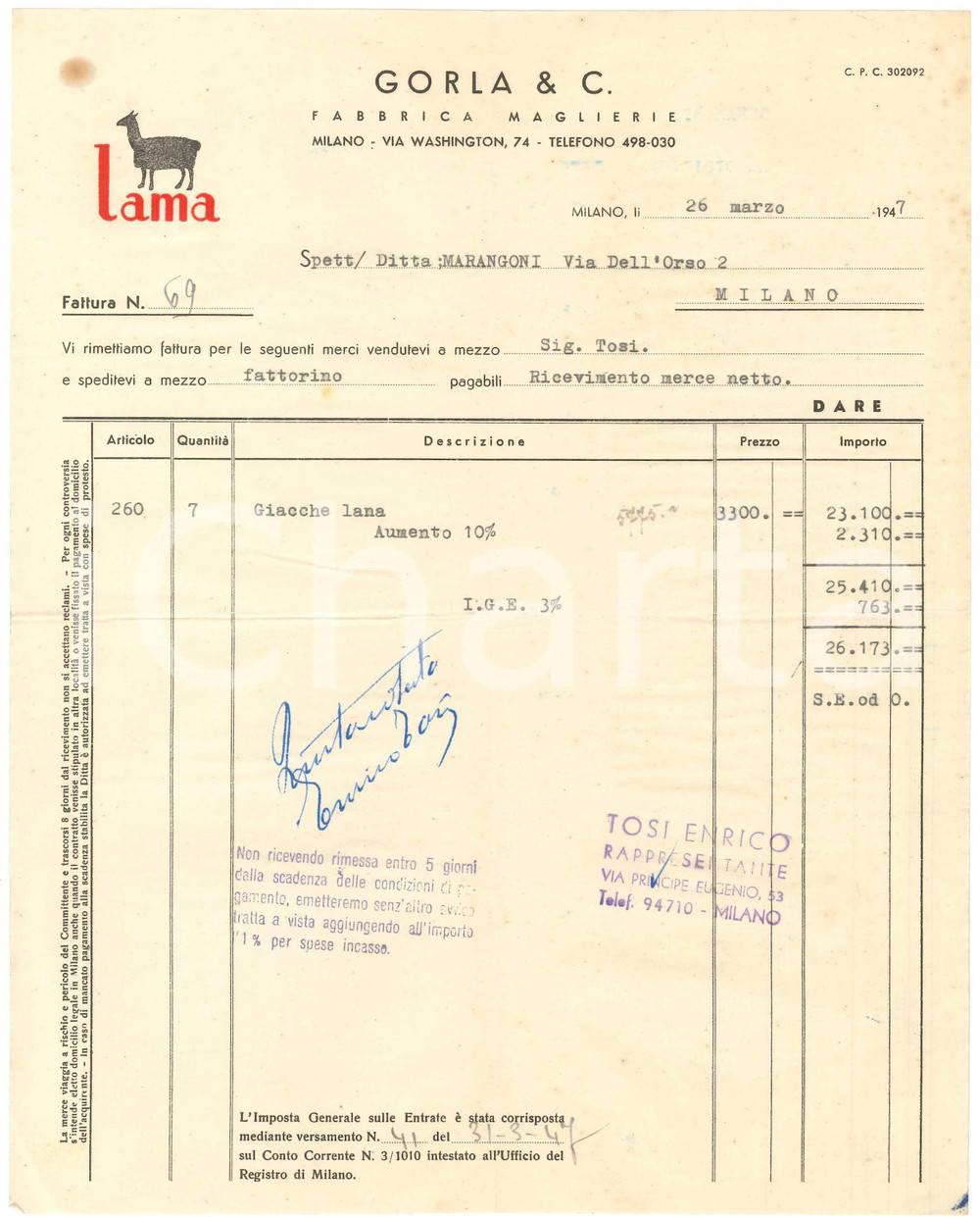 1947 MILANO Via Washington 74 - GORLA & C. Fabbrica maglierie - Fattura Fattura commerciale d'epoca dattiloscritta, su carta intestata.PAGINE: 1 POOR/danneggiato piegature d'epoca e macchia al lato superiore Formato: 23x28 cm originale e autentica 1