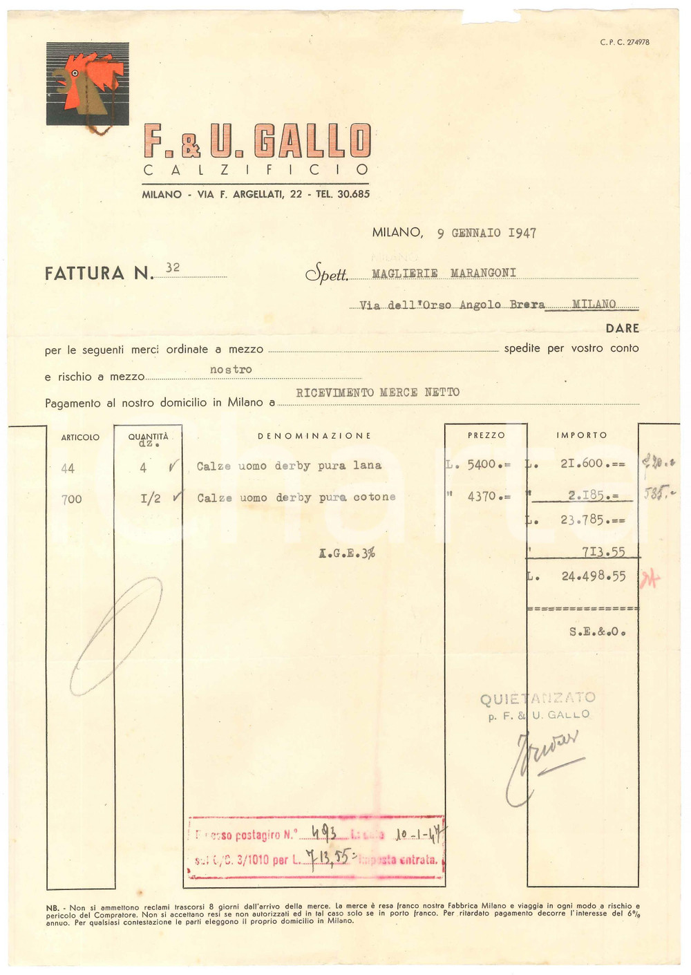 Documento originale, autentico 1947 MILANO Via F. Argelati 22  F. & U. GALLO Calzificio Fattura commerciale 1