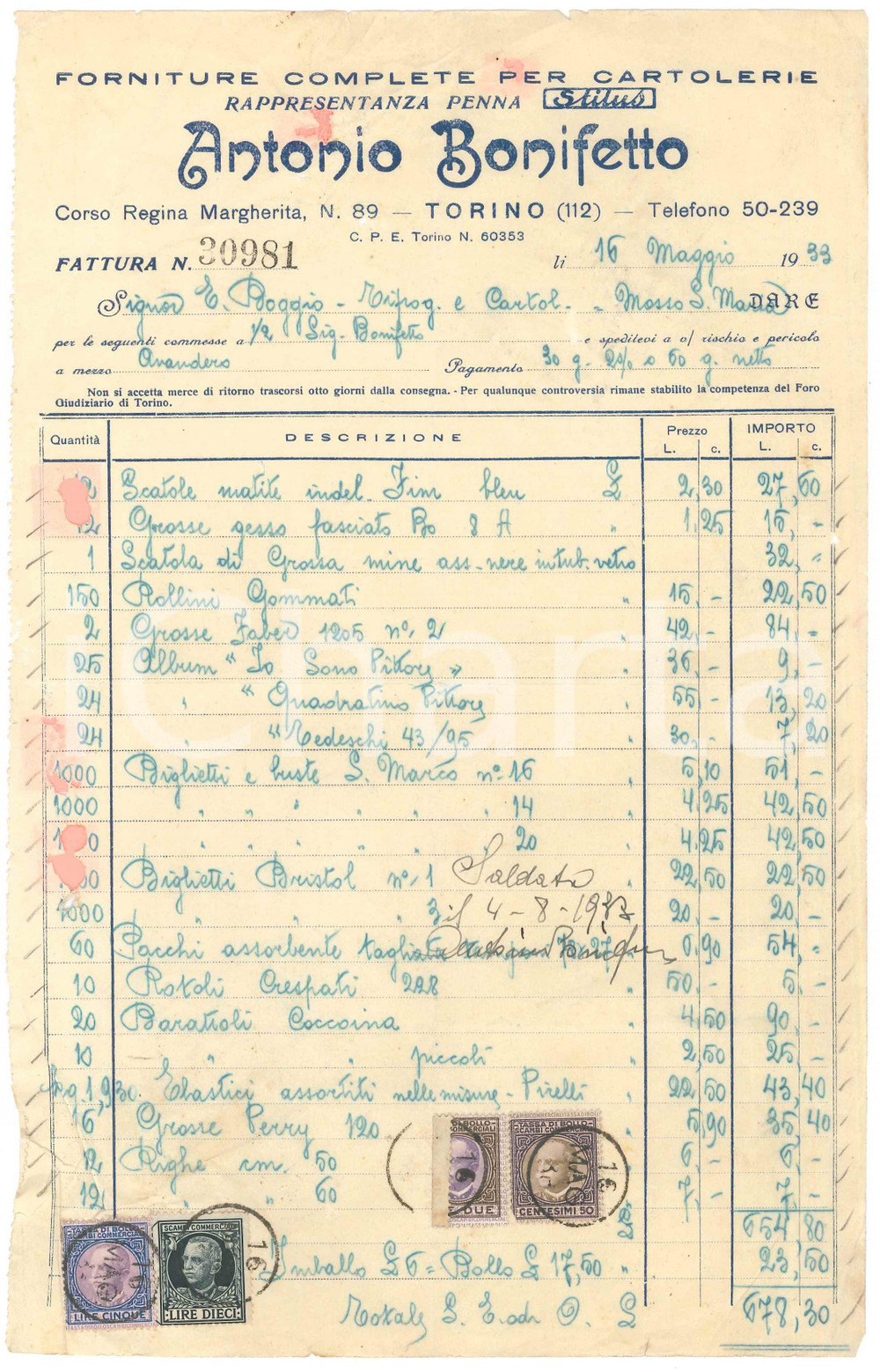 Documento originale, autentico 1933 TORINO C.so Regina Margherita 89  Antonio BONIFETTO cartolerie  Fattura 1