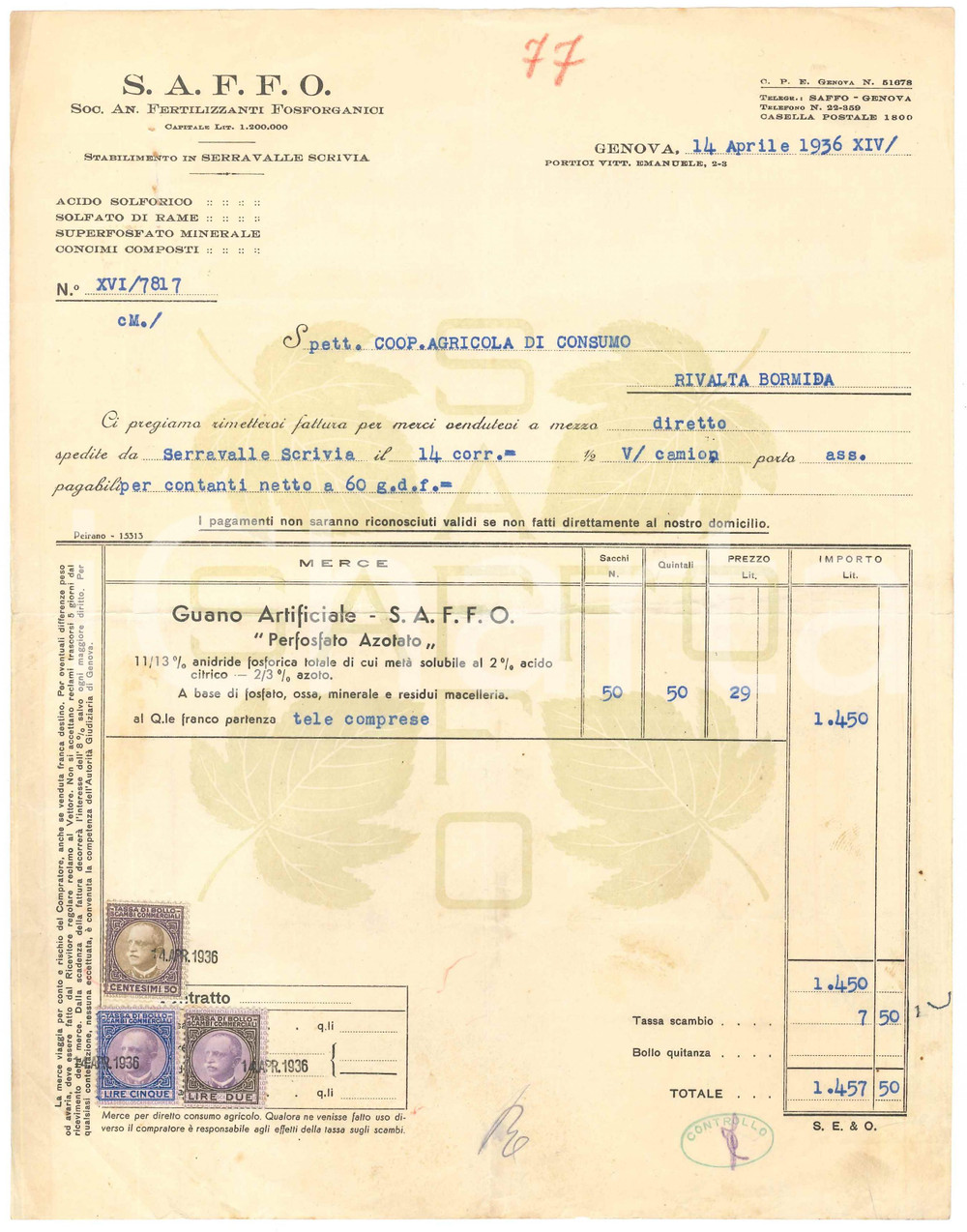 1936 GENOVA - S.A.F.F.O. Soc. An. Fertilizzanti Fosforganici - Fattura Fattura commerciale d'epoca dattiloscritta, su carta intestata.Presenti marche da bollo.PAGINE: 1 FAIR/discreto piegature d'epoca; piccoli fori da spillatura; lievi tracce di ruggine da preesistenti punti metallici; lievi macchie e gualciture Formato: 22x29 cm originale e autentica 1