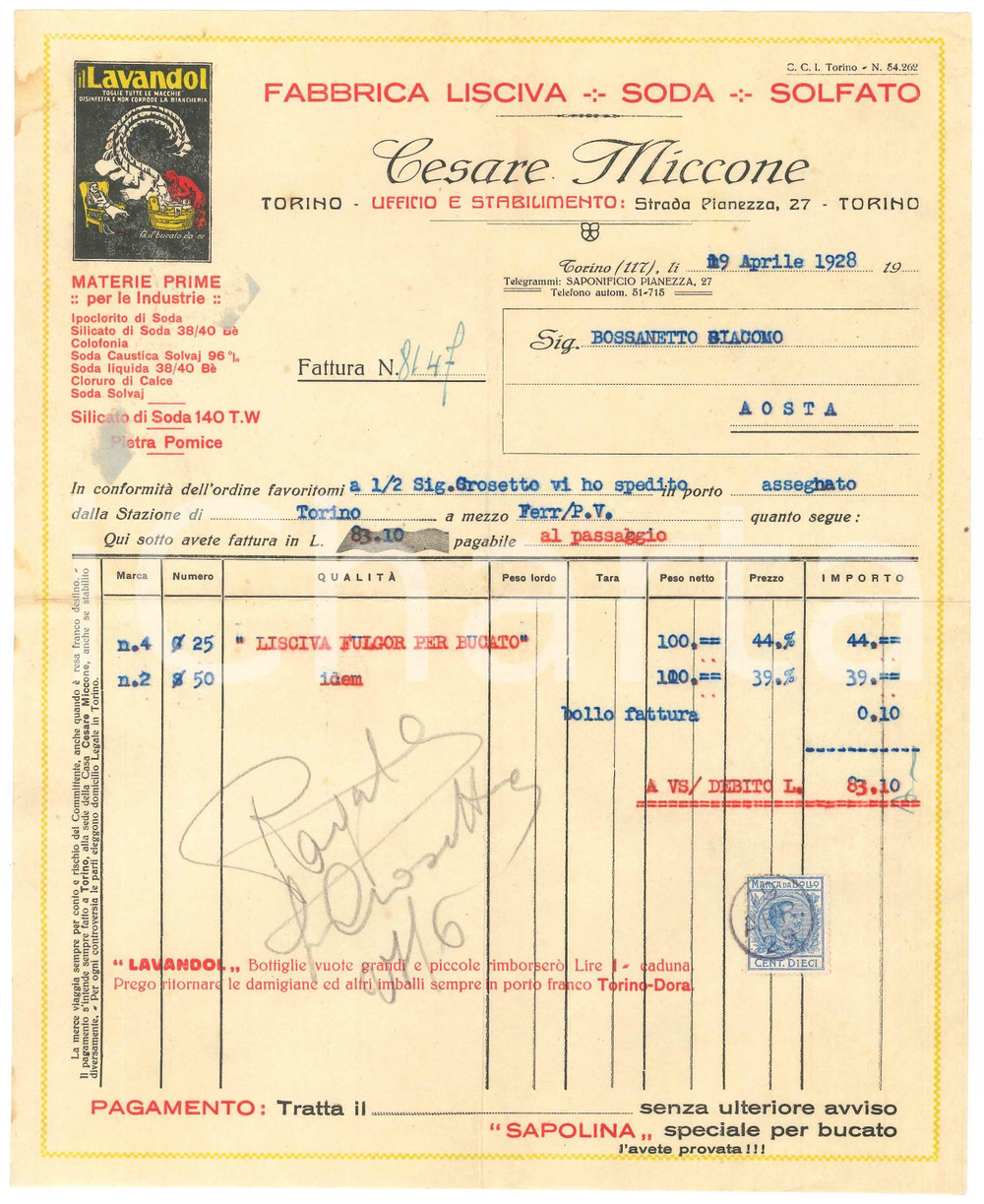 Documento originale, autentico 1928 TORINO Strada Pianezza 27 Cesare MICCONE Lisciva Soda Solfato  Fattura 1 1