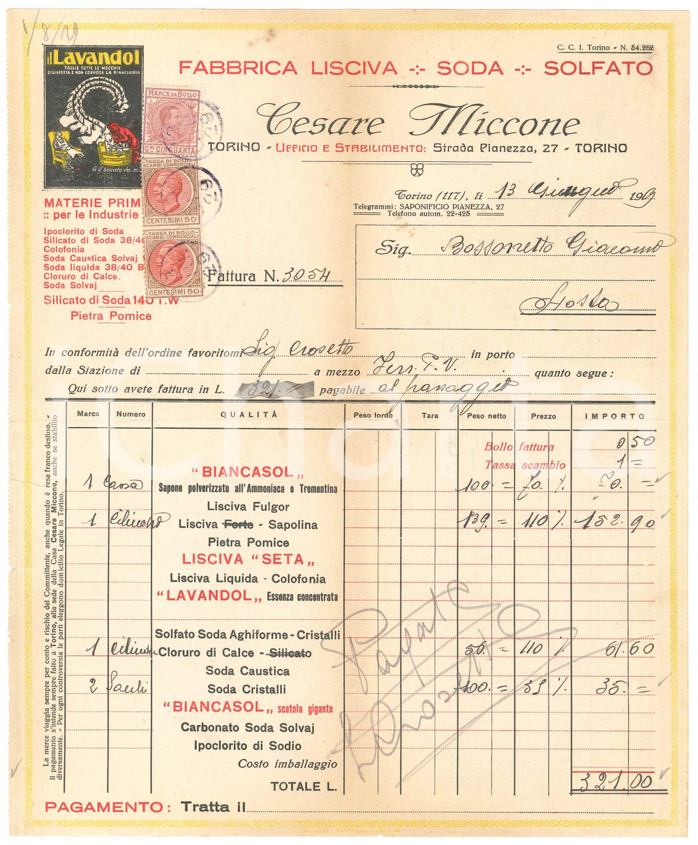 Documento originale, autentico 1929 TORINO Strada Pianezza 27 Cesare MICCONE Lisciva Soda Solfato  Fattura 1 1