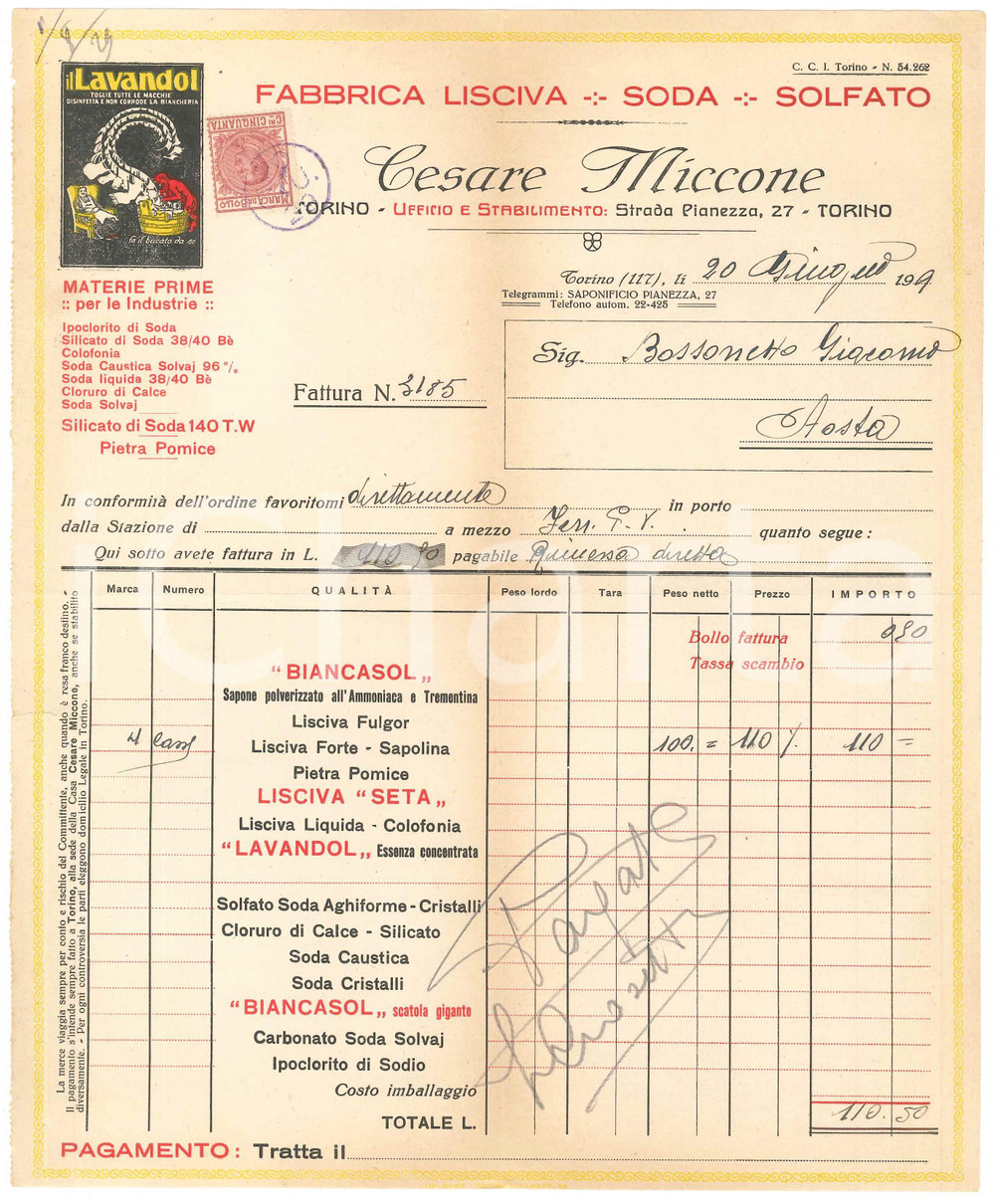 1929 TORINO Strada Pianezza 27 Cesare MICCONE Lisciva Soda Solfato - Fattura (2)