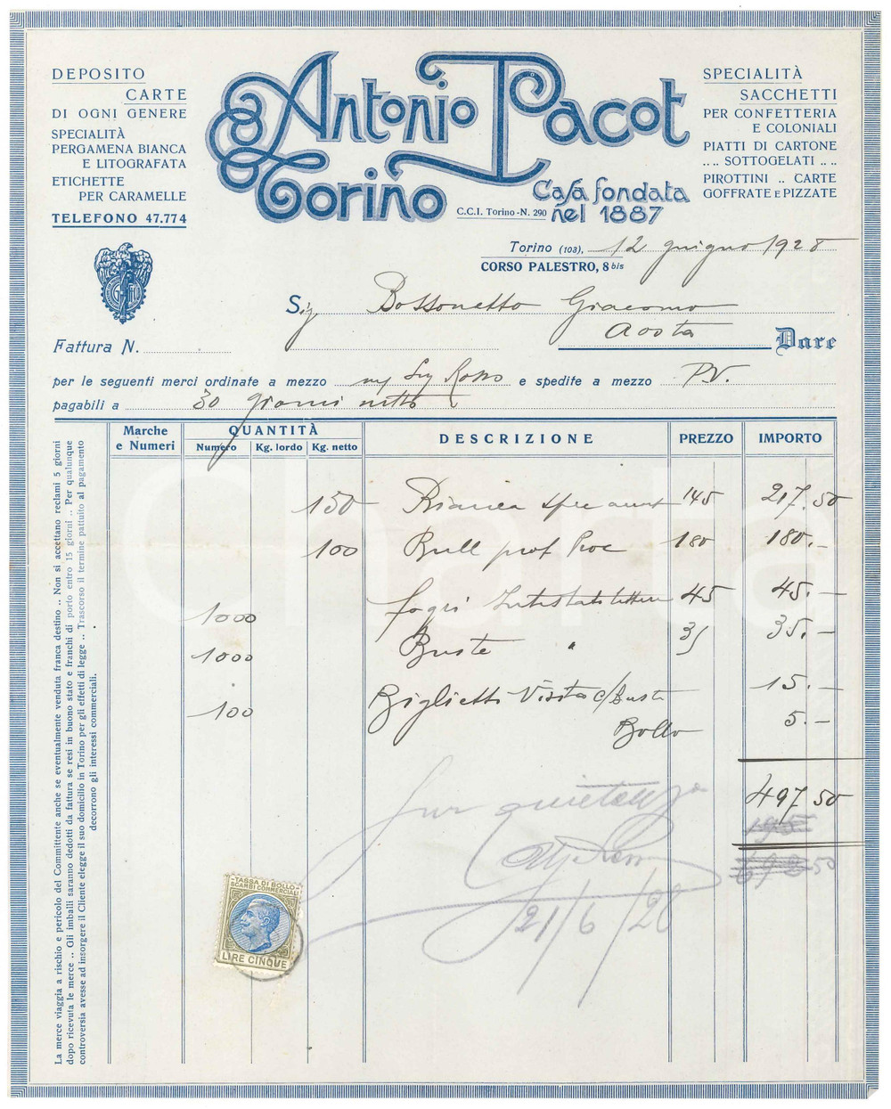 Documento originale, autentico 1928 TORINO Corso Palestro 8 bis  Antonio PACOT Deposito carte  Fattura 1 1
