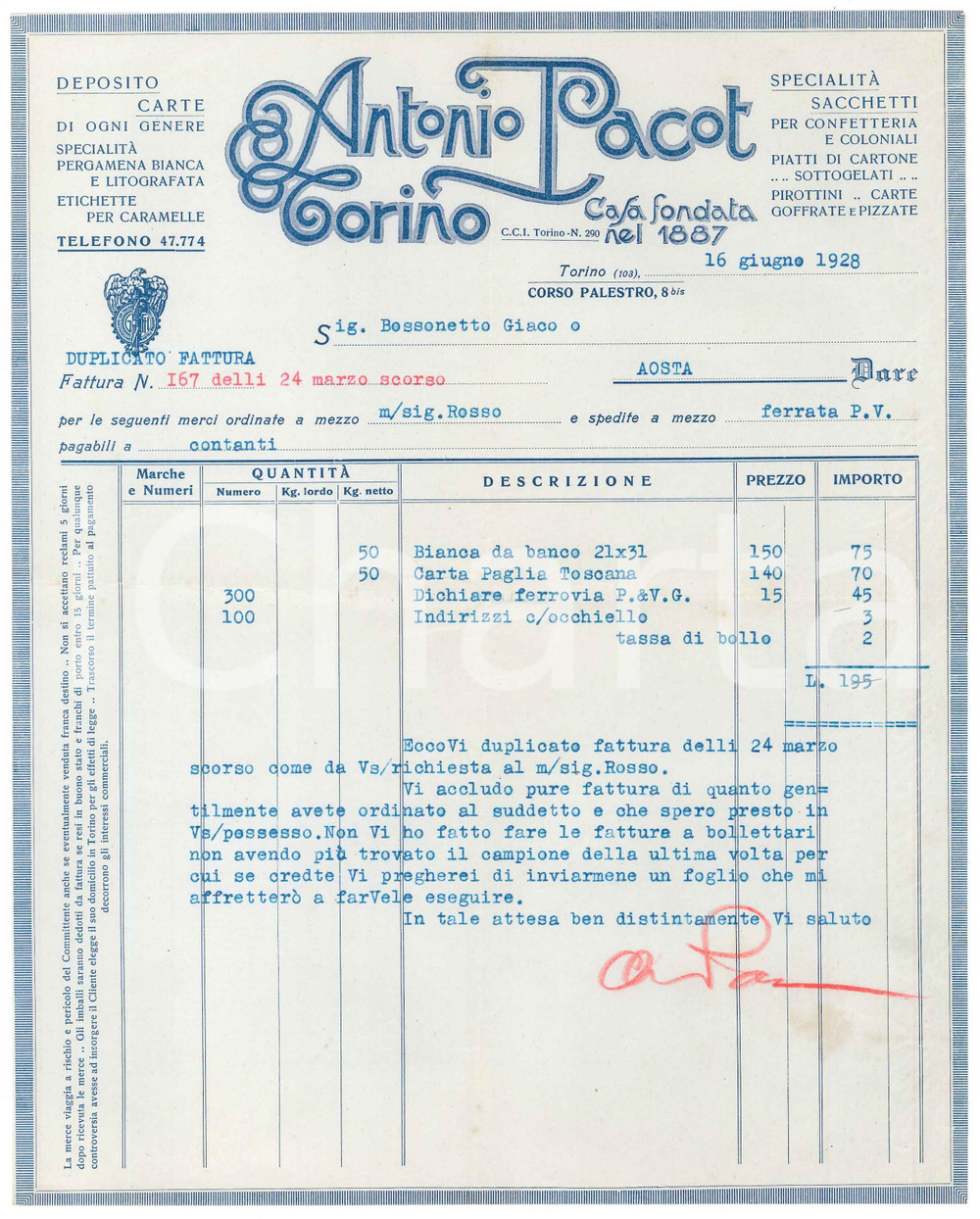 1928 TORINO Corso Palestro 8 bis - Antonio PACOT Deposito carte - Fattura (2)