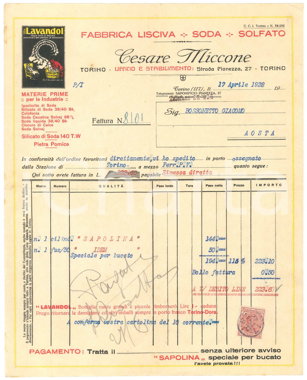 1928 TORINO Strada Pianezza 27 Cesare MICCONE Lisciva Soda Solfato - Fattura (2)