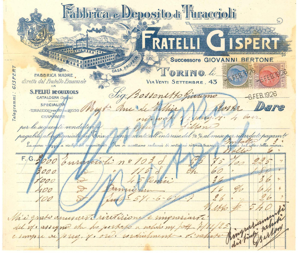 Documento originale, autentico 1926 TORINO Via XX Settembre 43  Fratelli GISPERT Fabbrica turaccioli  Fattura 1