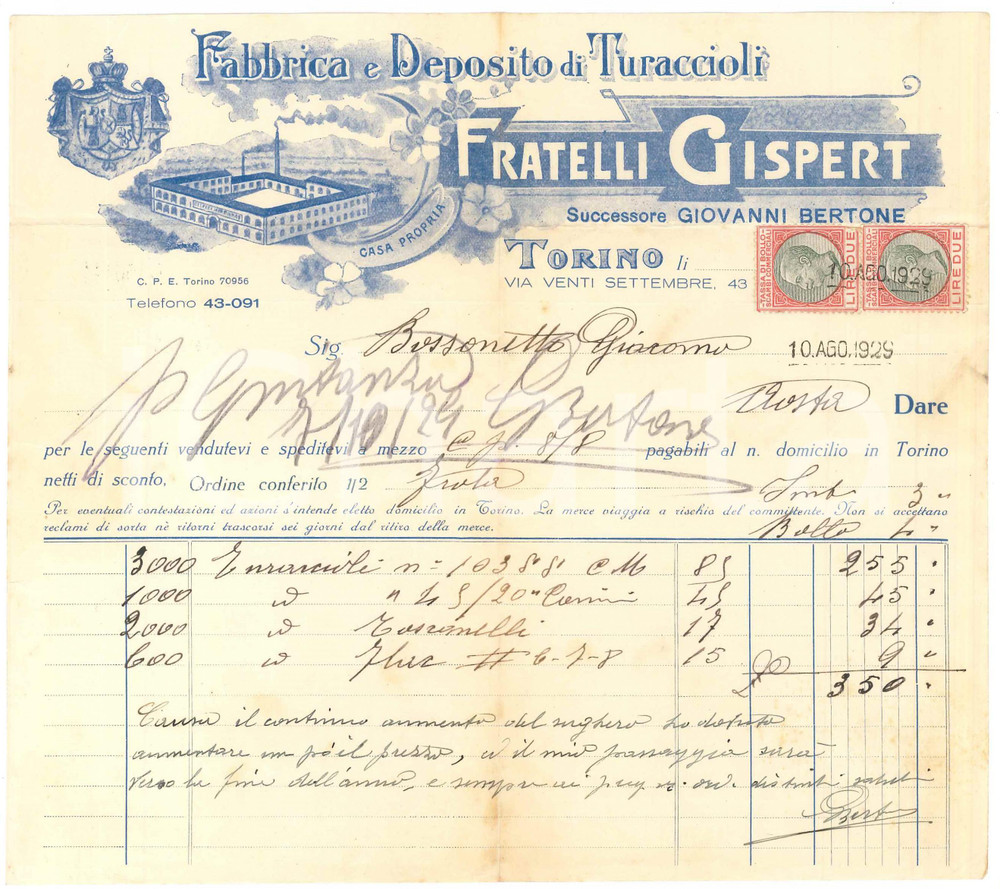 1929 TORINO Via XX Settembre 43 - Fratelli GISPERT Fabbrica turaccioli - Fattura Fattura commerciale d'epoca manoscritta, su carta intestata illustrata.Presenti marche da bollo.PAGINE: 1  FAIR/discreto piegature d'epoca; lievi fioriture; minimo strappo al lato sinistro; gualciture Formato: 22x19 cm originale e autentica 1