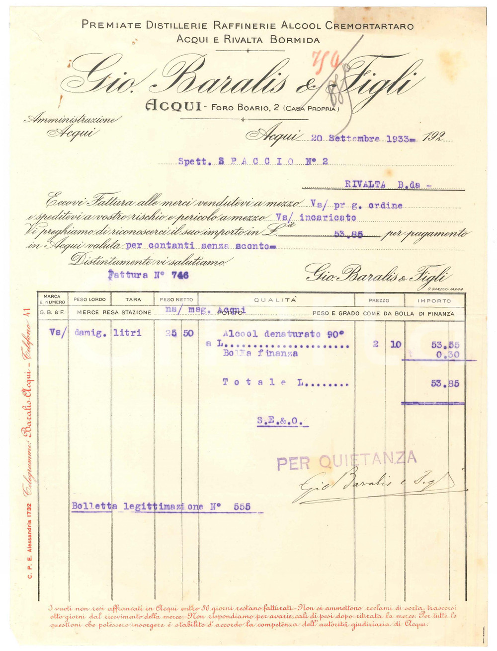 1933 ACQUI TERME (AL) - Gio. BARALIS & Figli Premiate distillerie - Fattura (1)