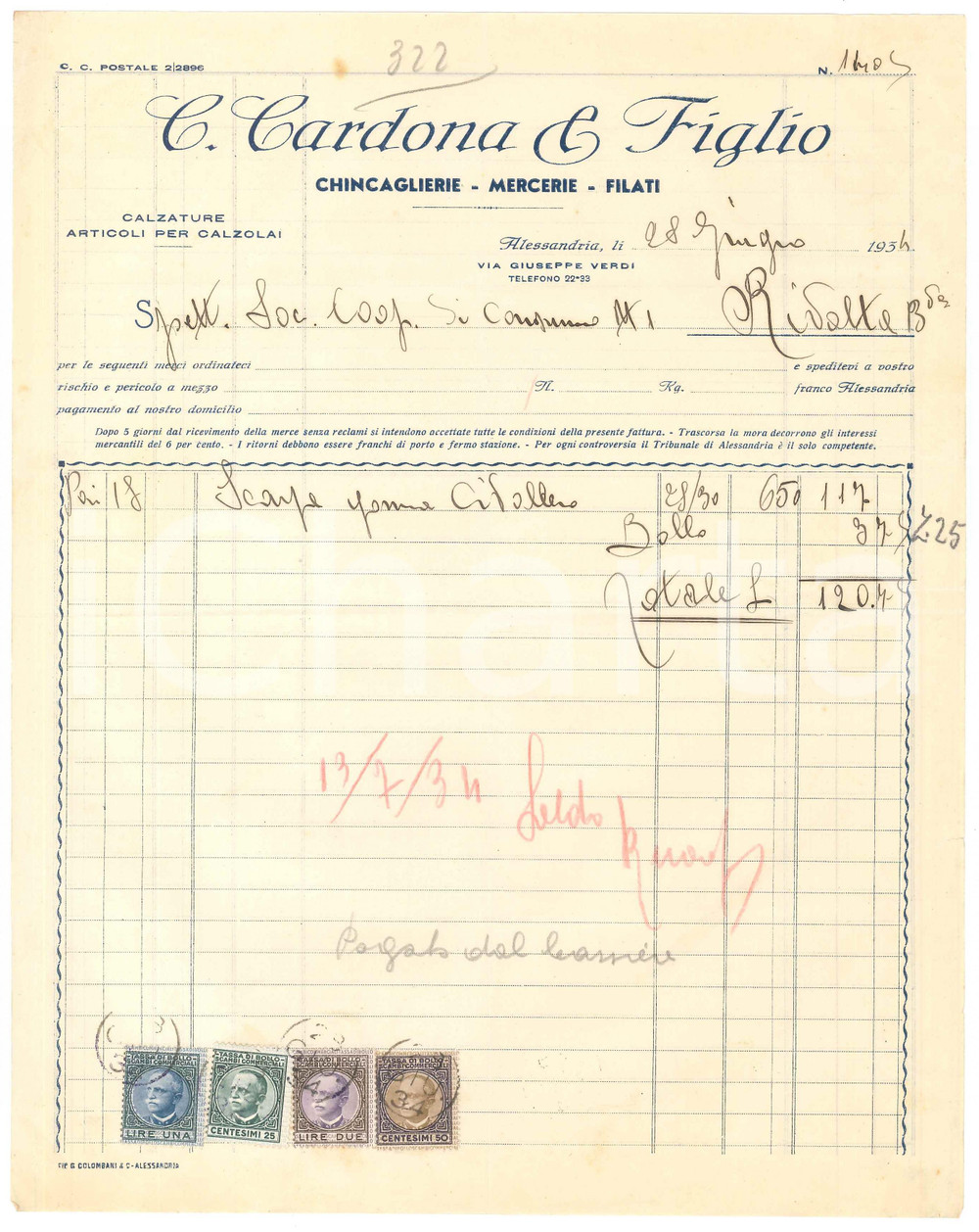 1934 ALESSANDRIA - C. CARDONA & Figlio Chincaglierie Mercerie - Fattura (2)