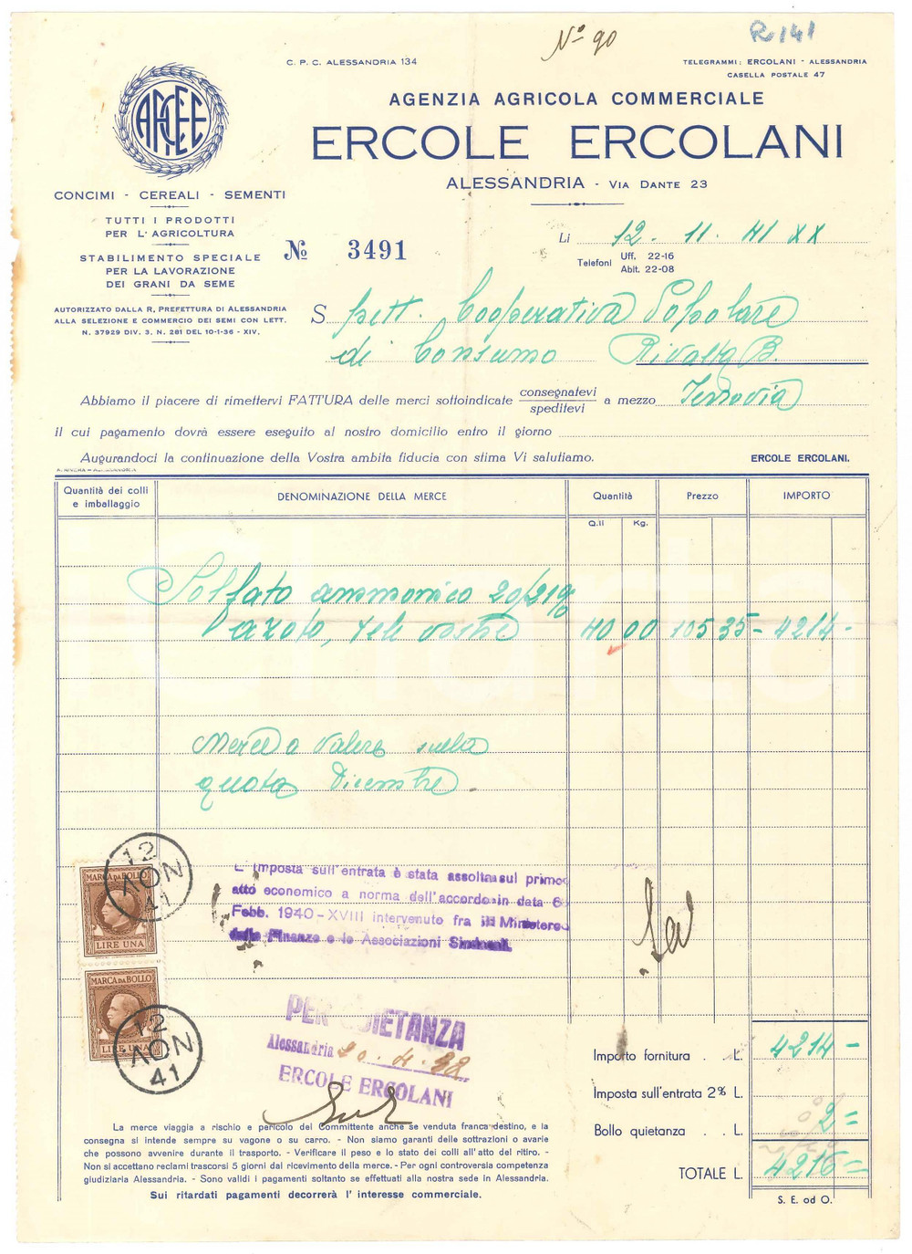 1941 ALESSANDRIA - Ercole ERCOLANI Agenzia Agricola Commerciale - Fattura (3)