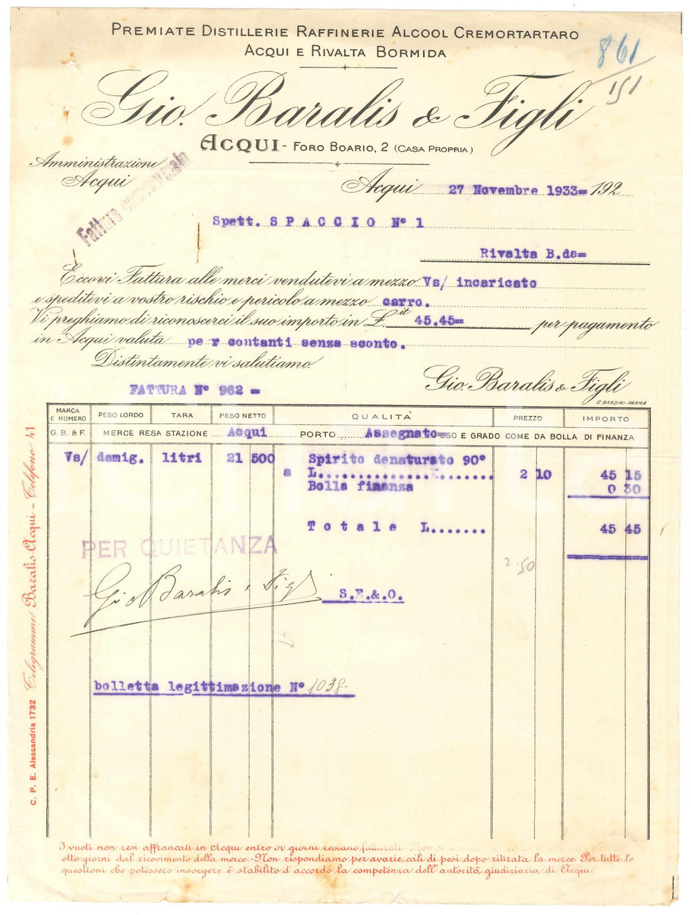 1933 ACQUI TERME (AL) - Gio. BARALIS & Figli Premiate distillerie - Fattura (2)