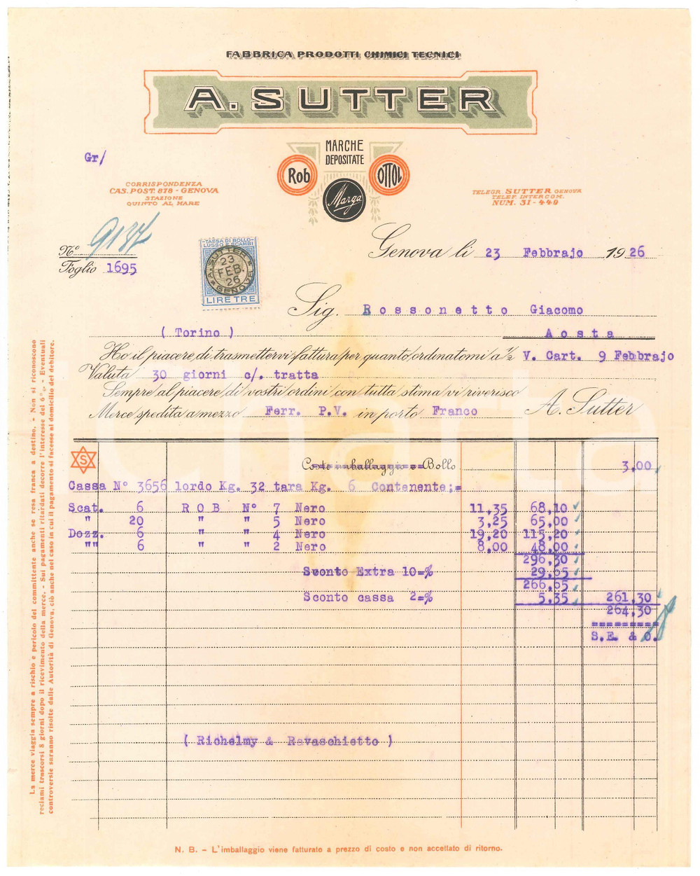 1926 GENOVA - A. SUTTER Fabbrica prodotti chimici tecnici - Fattura commerciale Fattura commerciale d'epoca dattiloscritta, su carta intestata.Presente marca da bollo.PAGINE: 1 POOR/danneggiato piegature d'epoca con ingiallimento centrale Formato: 23x28 cm originale e autentica 1
