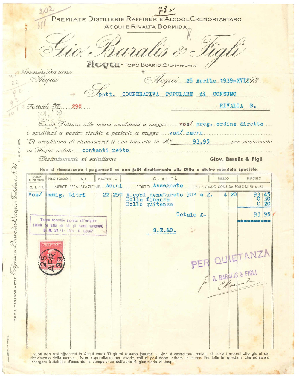 1939 ACQUI TERME (AL) - Gio. BARALIS & Figli Premiate distillerie - Fattura (1)