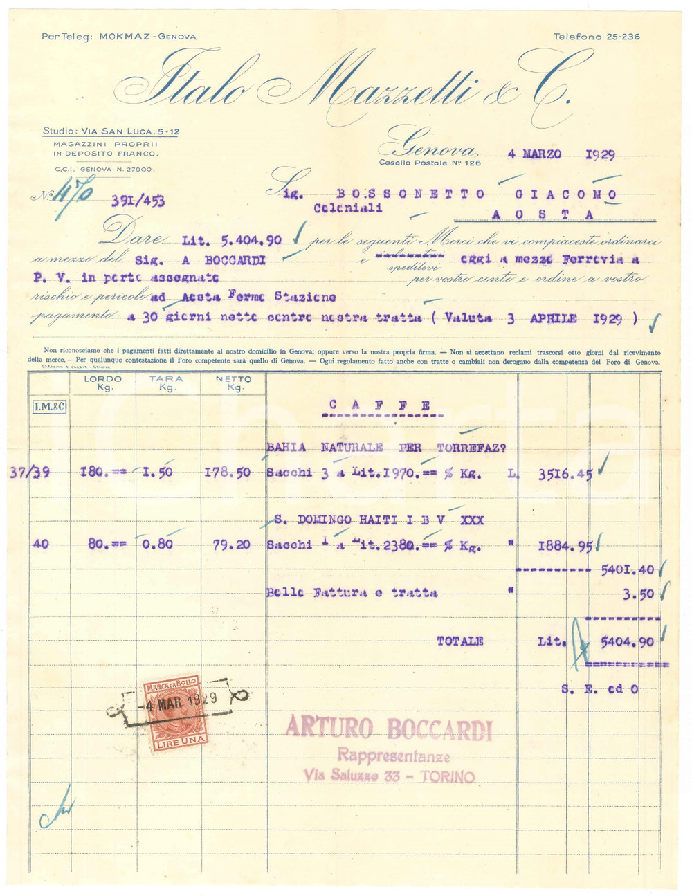 1929 GENOVA Via San Luca 5-12 - Italo MAZZETTI & C. - Fattura per caffÃ¨ Fattura commerciale d'epoca dattiloscritta, su carta intestata.Presente marca da bollo.PAGINE: 1 FAIR/discreto piegature d'epoca; piccolo foro centrale Formato: 22x28 cm originale e autentica 1