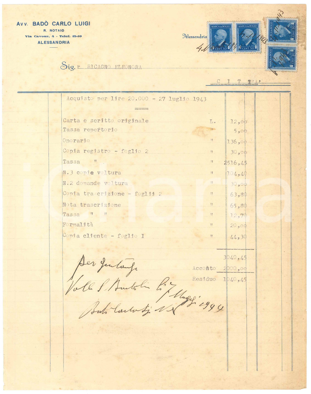 1943 ALESSANDRIA - Avv. Carlo Luigi BADÒ R. Notaio - Nota spese