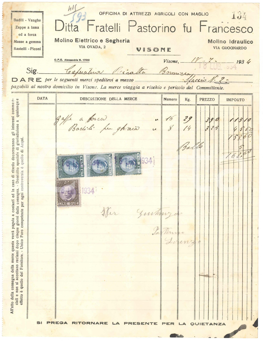 1934 VISONE (AL) Fratelli PASTORINO fu Francesco Attrezzi agricoli - Fattura (5)